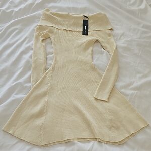Fashion Nova Cream Off-Shoulder Ribbed Mini Dress